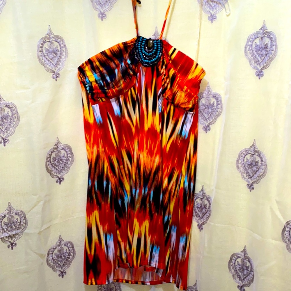 BEADED WESTERN DECOR HALTER DRESS SZ L REAR ELASTIC BACKLESS